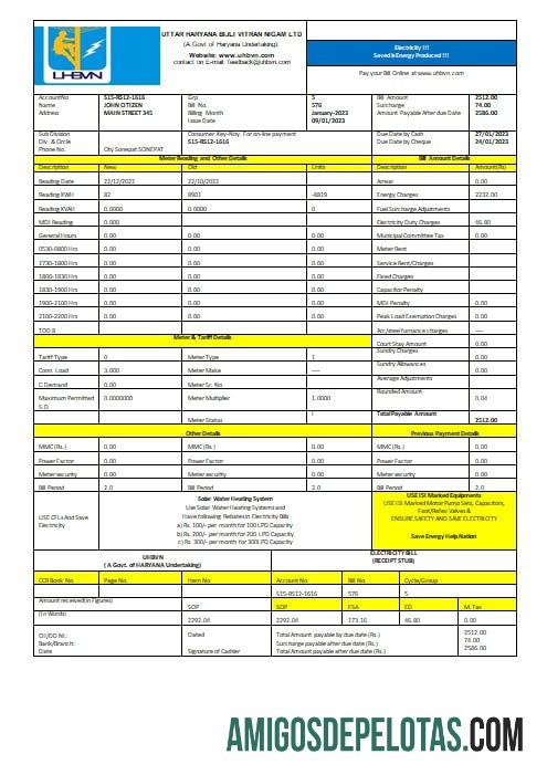 Índia Uttar Haryana Bijli Vitran Nigam Limited Electrecity Utility Bill Formatos Word e PDF modelo